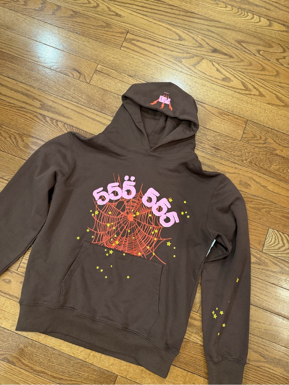Brown Graphic Pullover Hoodie with Pink '555' and Orange Spiderweb